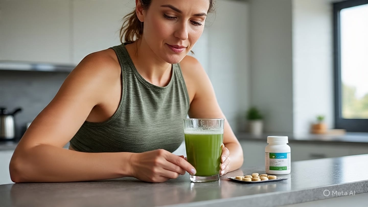 Weight Loss Woman Washing her Diet Supplements Down with a Green Tea Drink
