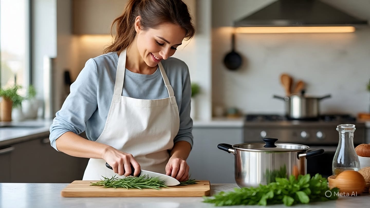 Woman Cooking with Rosemary and Peppermint