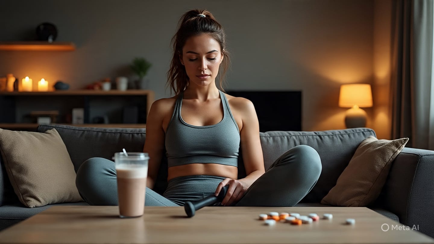 Woman Eating and Exercising and Taking Pills and Sleeping at the Same Time