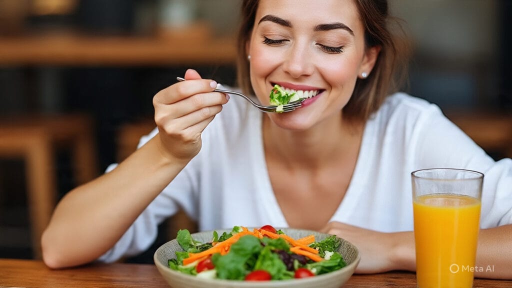 Woman Mindfully Savoring Every Bite of her Meal